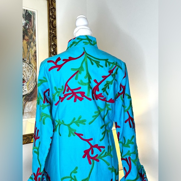 Gretchen Scott Twill Twig Jacket Turquoise Embroidered Button Front Medium - Picture 9 of 13